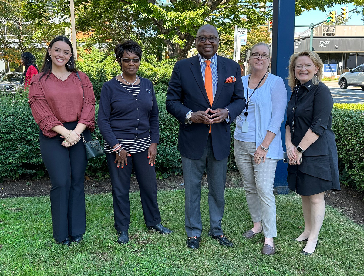 Pictured (from left): Katie Bailey (Director of Membership and Business Development at the Virginia Credit Union League), Valerie Laury (UVA Community CU West Main St. Branch Vault Teller), the Honorable Rodney E. Hood/NCUA Board Member, Belinda Tucker (UVA Community's COO), and Janine Williams (UVA Community's VP of Credit Union Affairs)